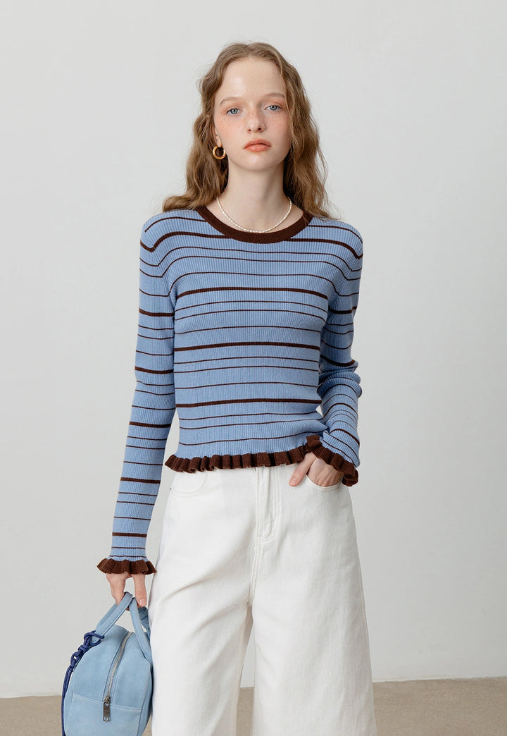 Ribbed Striped Sweater with Frill Details