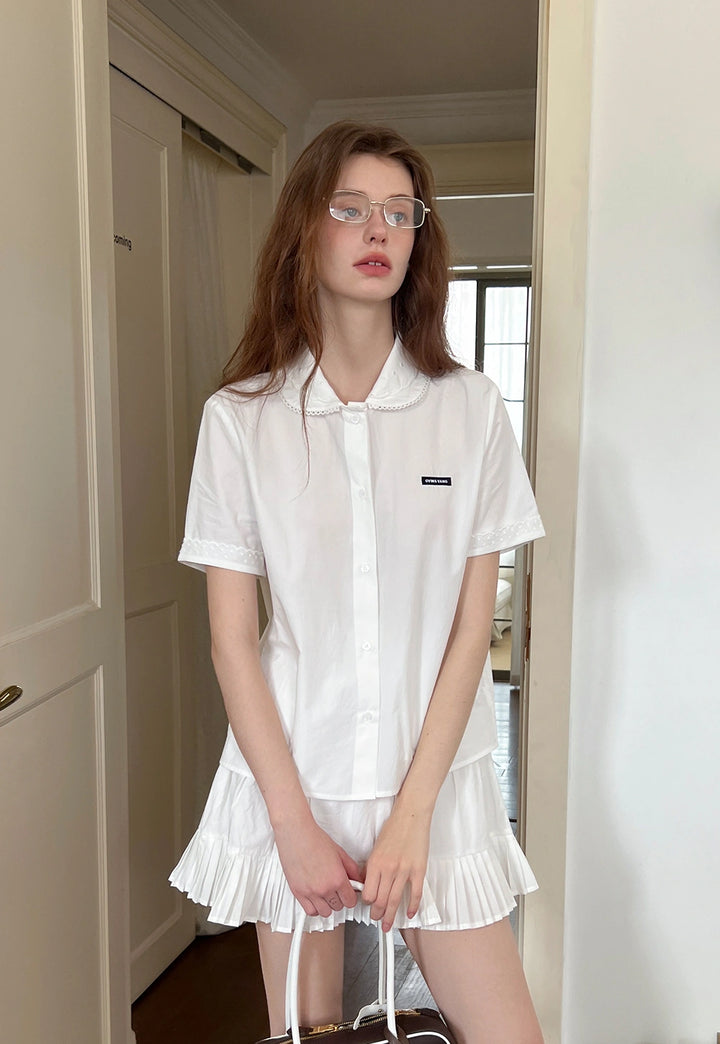 White Collared Button-Up Top with Embroidery