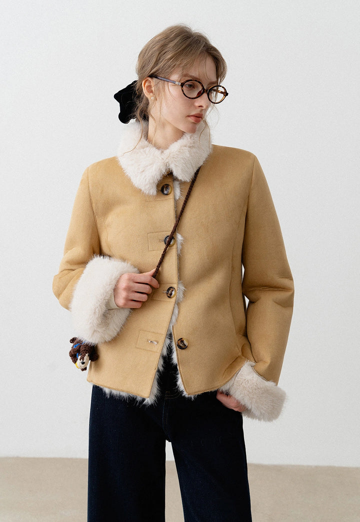 Women's Faux Suede Jacket with Faux Fur Trim