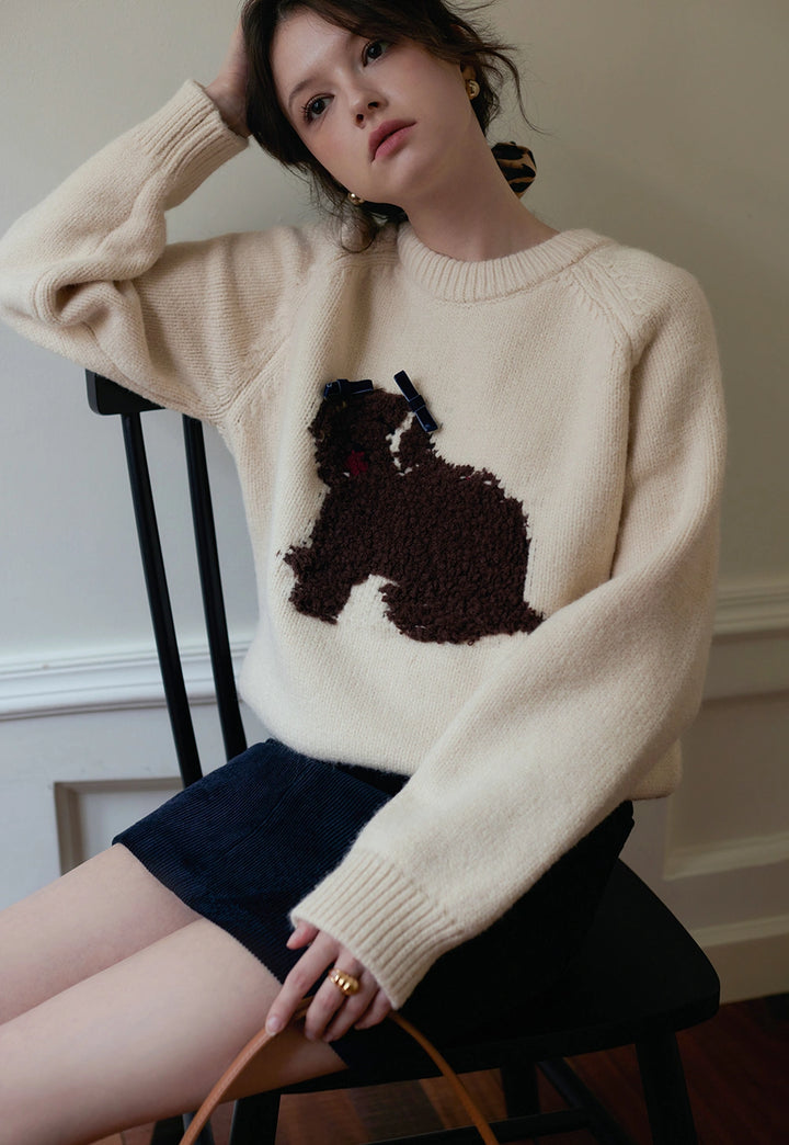 Women's Crew Neck Dog Patterned Sweater