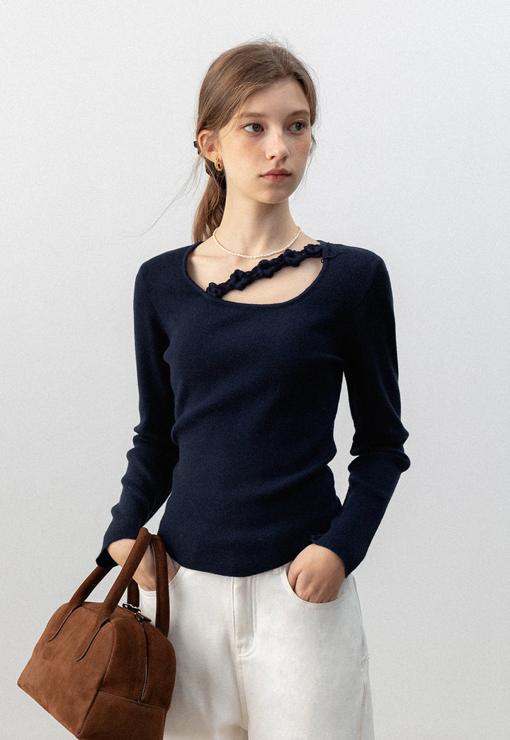 Asymmetric Cutout Long Sleeve Top with Crochet Detail