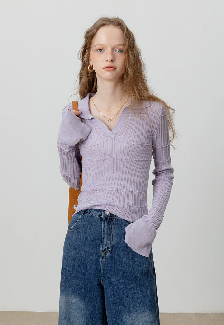 Ribbed Knit Polo Long Sleeve Collar Top