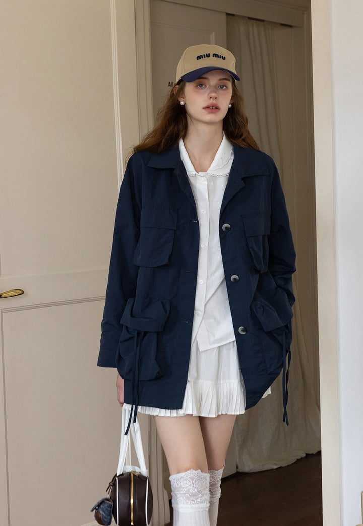 Utility-Inspired Navy Jacket with Drawstring Pockets