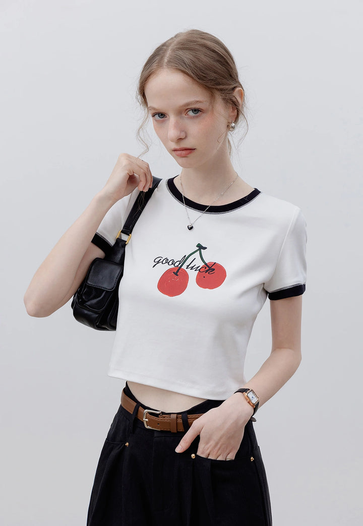 Women's Ringer Tee with Cherry 'Good Luck' Graphic