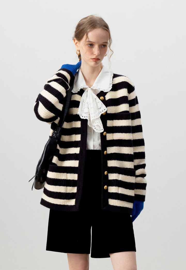 Women's Striped Button-Up Knit Cardigan