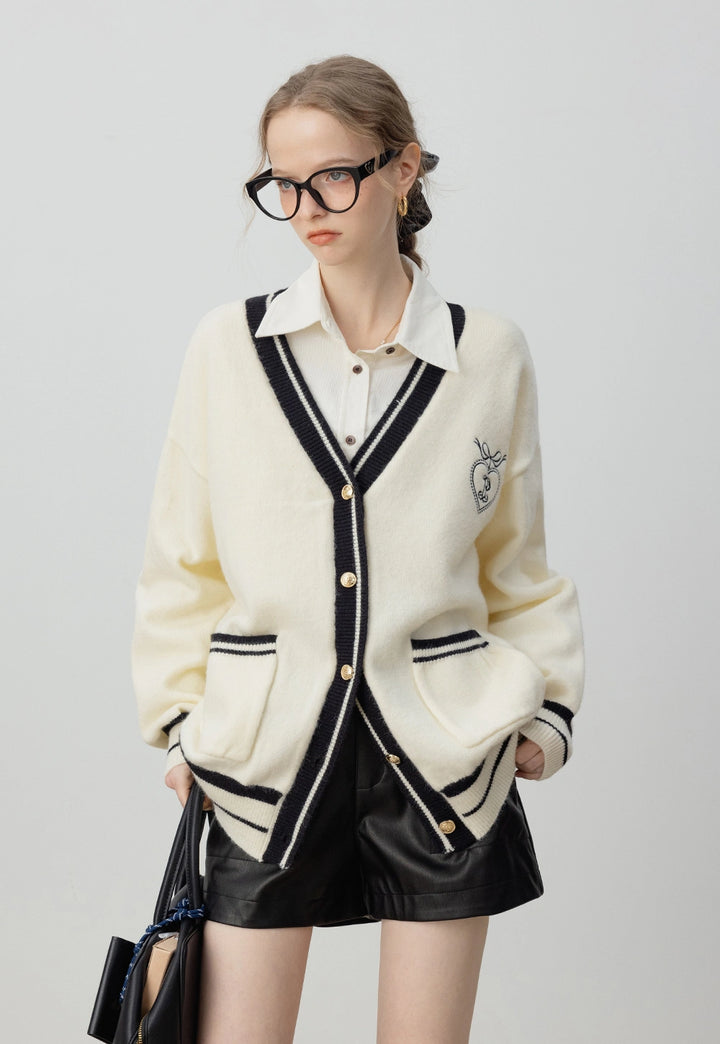 White Knit Cardigan with Black Trim