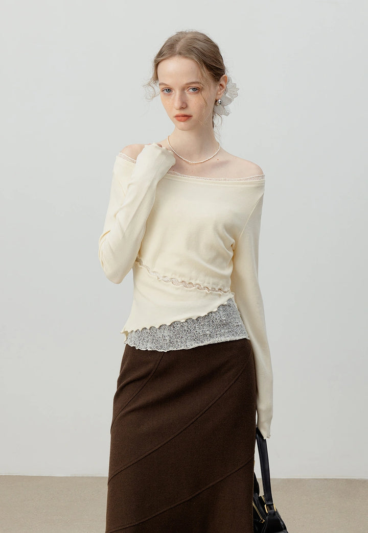 Asymmetrical Lace-Trimmed Long-Sleeve Top