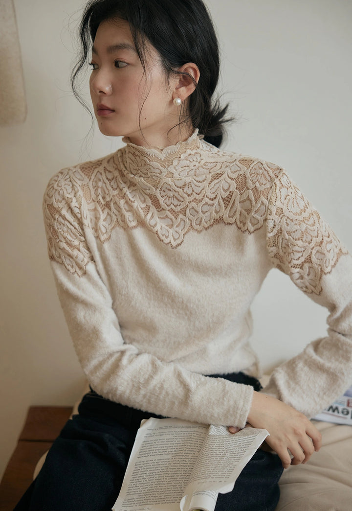 Lace Detail Mock Neck Sweater