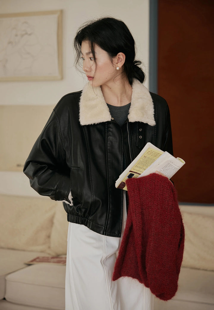 Faux Leather Aviator Jacket with Shearling Collar