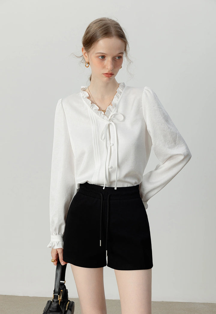 Women's Ruffled White Blouse with Bow Tie Detail