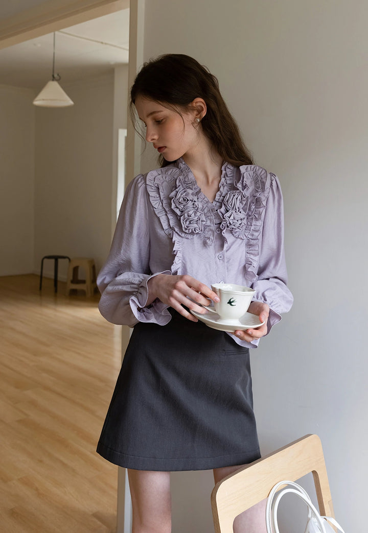 Women's Lavender Long-Sleeve Ruffled Floral Blouse