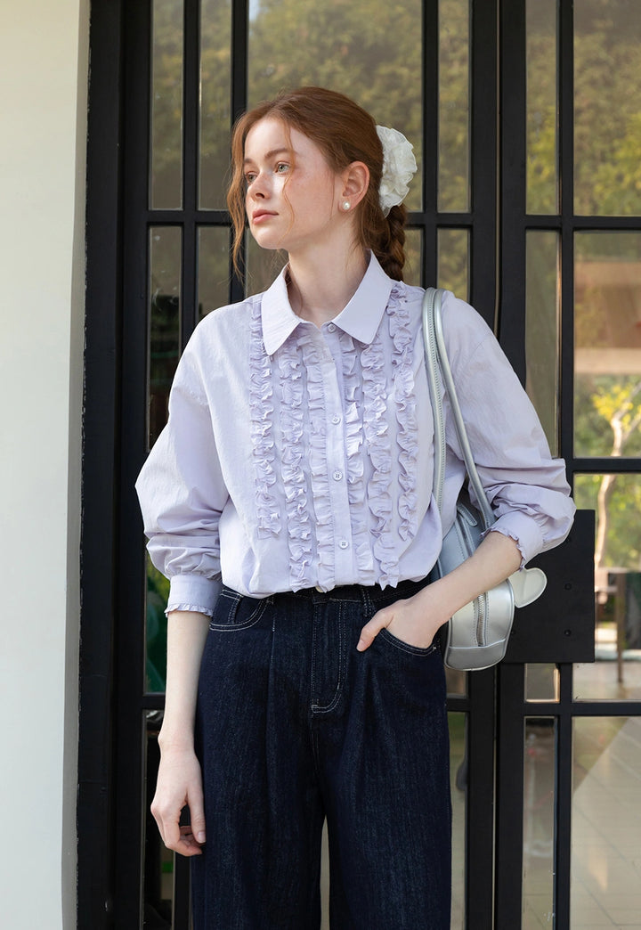 Women’s Lavender Ruffle-Front Button-Up Blouse