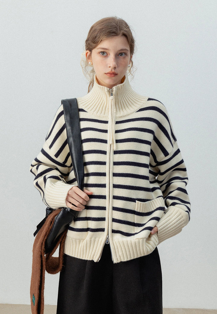 Striped Zip-Up Knit Cardigan