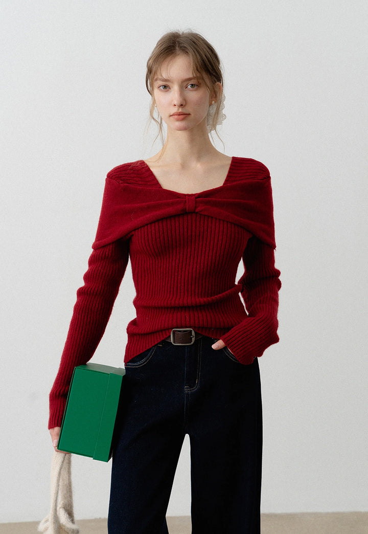 Women's Bow Tie Square Neck Slim Fit Sweater