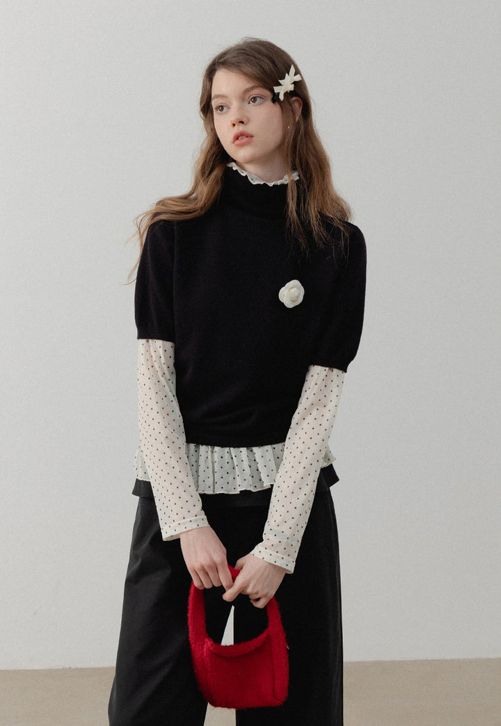 Women's Black Puff Sleeve Turtleneck Top