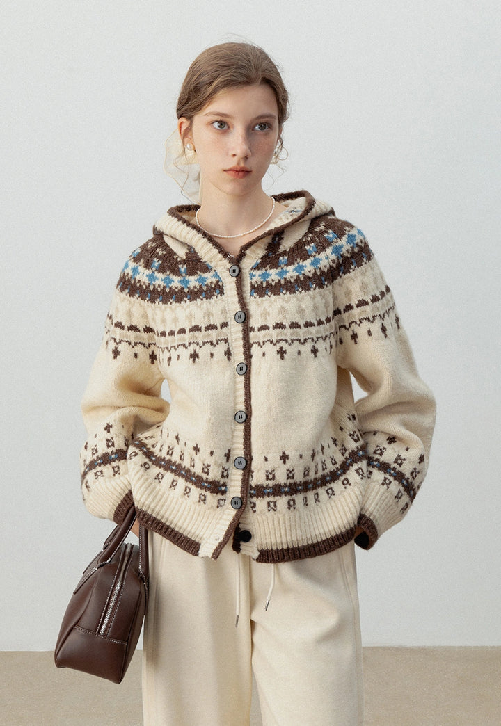 Women's Fair Isle Vintage Hooded Knit Cardigan