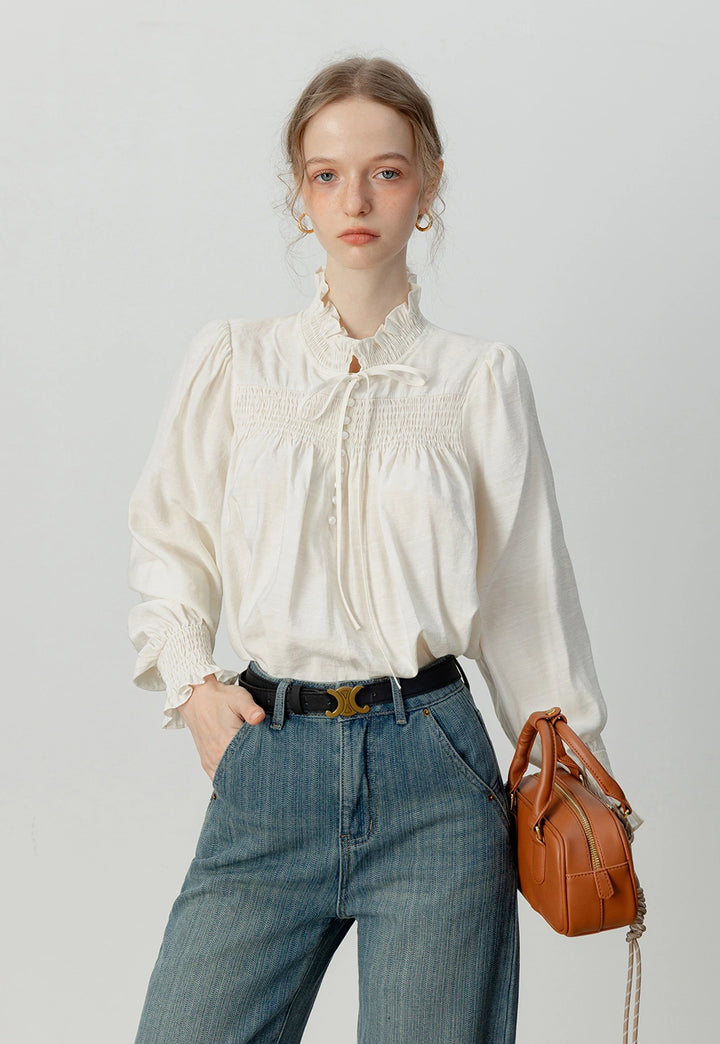 Women's Vintage-Inspired Ruffled High-Neck Blouse