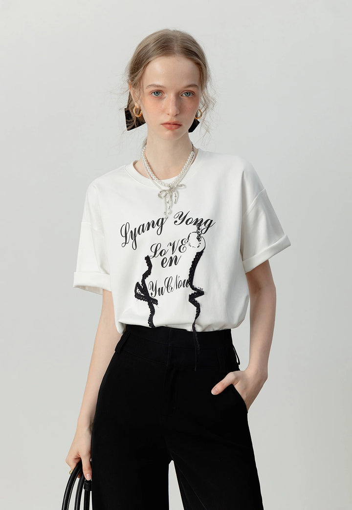 Women's Graphic Print Oversized Tee with Lace Details