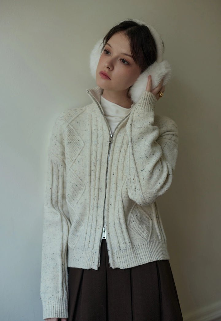 Cable-Knit High-Neck Zip-Up Cardigan