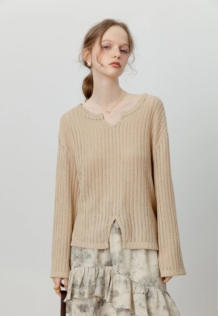 Women's Beige Knitted Top with Center Slit