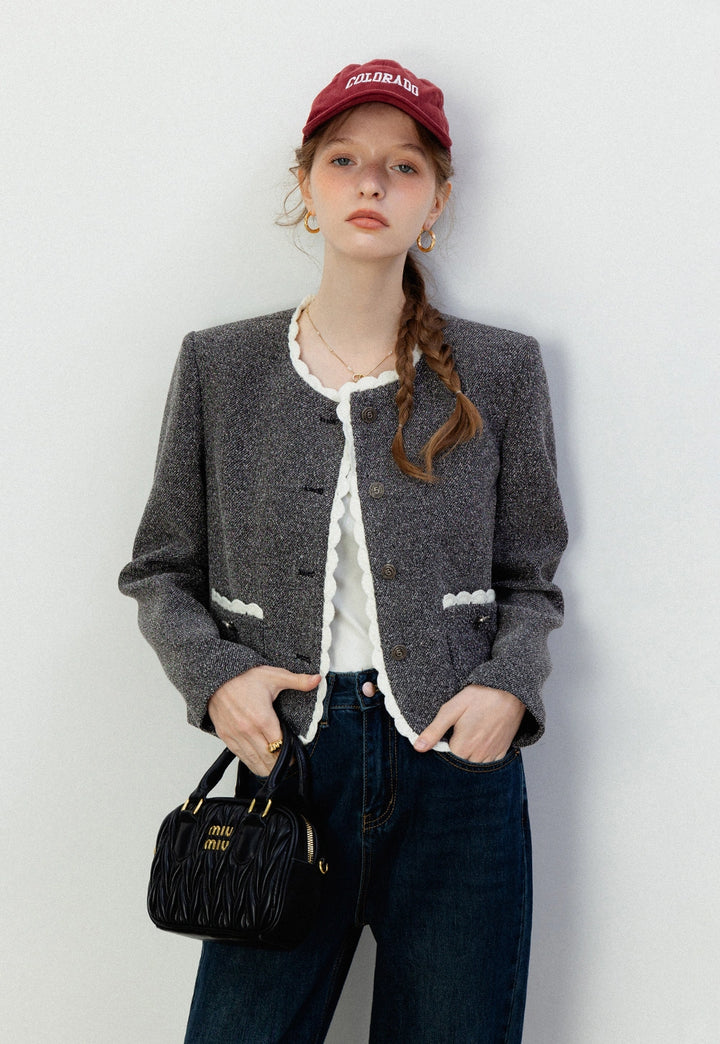 Scalloped Trim Tweed Cropped Jacket