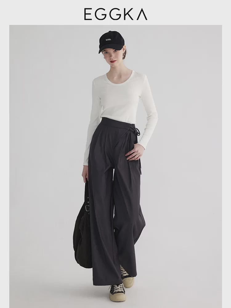 Elegant High Waist Wide-Leg Black Pants with Belt Detail - Stylish Design